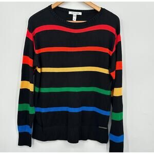 Peace Love World Black Rainbow Stripe Sweater Womens XXS 2XS